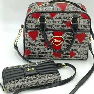 Juicy Couture Black Beige Heart Addicted Love Satchel with Matching Wallet